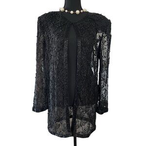 Vintage Scala Beaded Lace Jacket Black 80s Sheer Evening Gothic Fairycore M